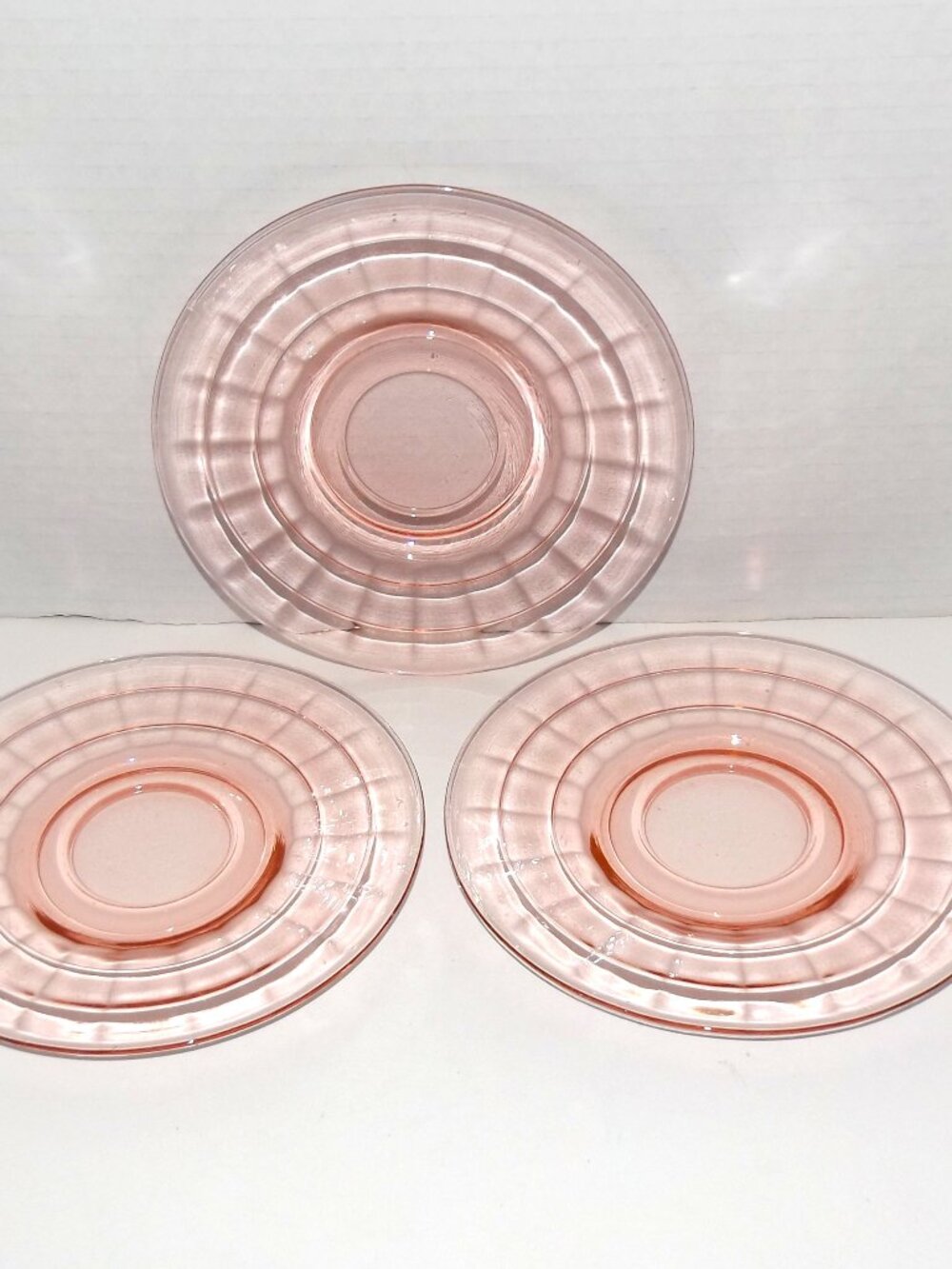 Set of 3 Anchor Hocking Depression Glass Pink Block Optic Saucers